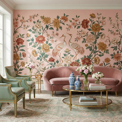 Cranes Wallpaper Floral Oriental Wall Mural