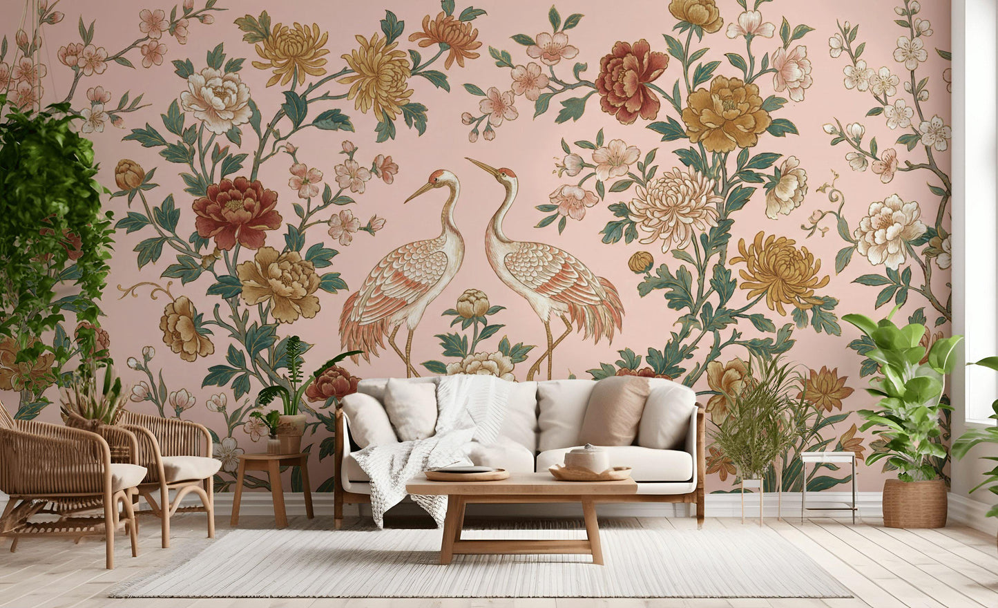 Cranes Wallpaper Floral Oriental Wall Mural
