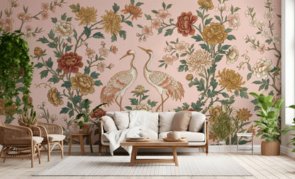 Cranes Wallpaper Floral Oriental Wall Mural