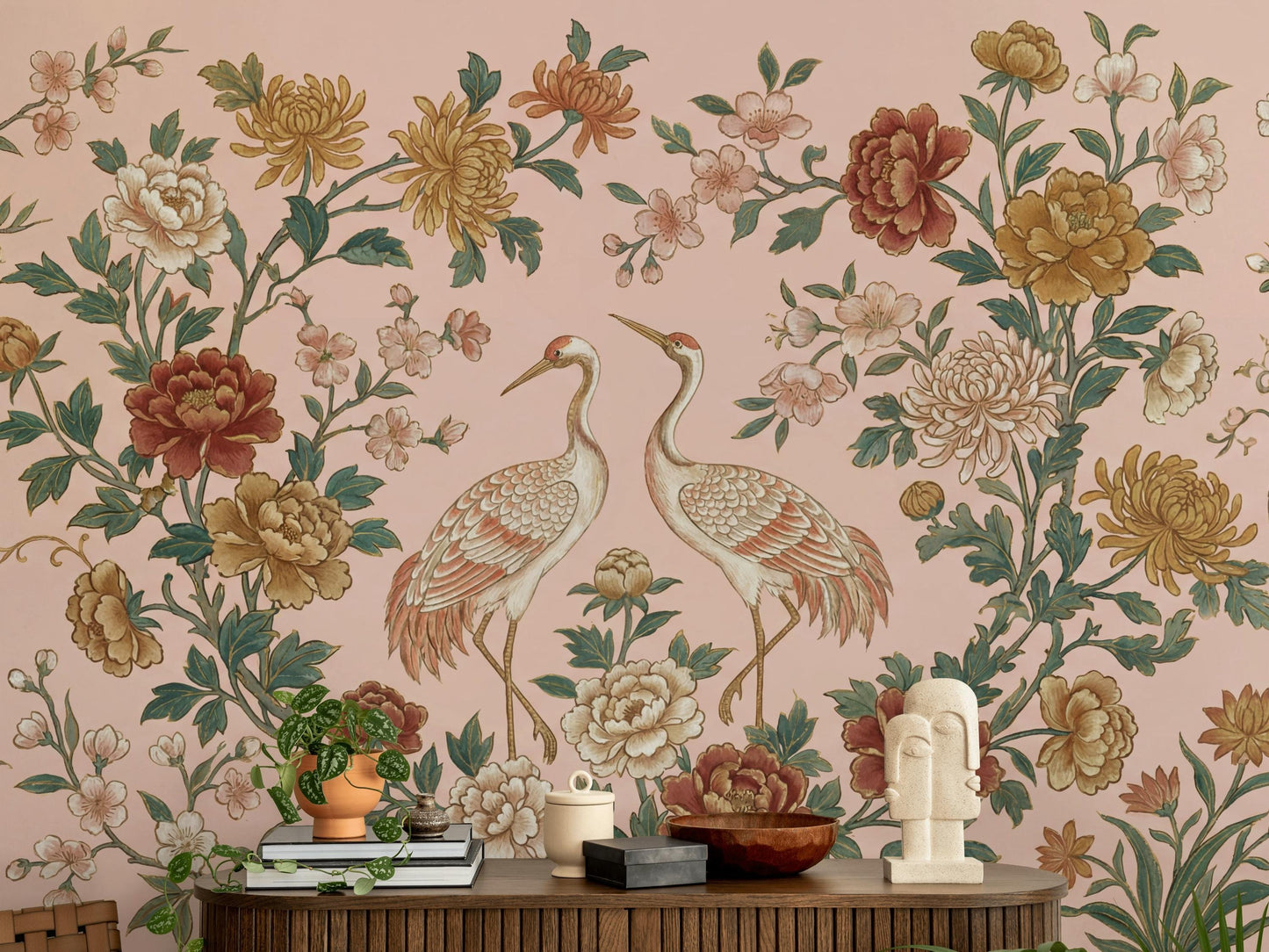Cranes Wallpaper Floral Oriental Wall Mural