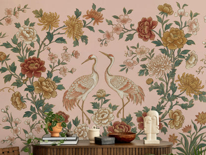 Cranes Wallpaper Floral Oriental Wall Mural