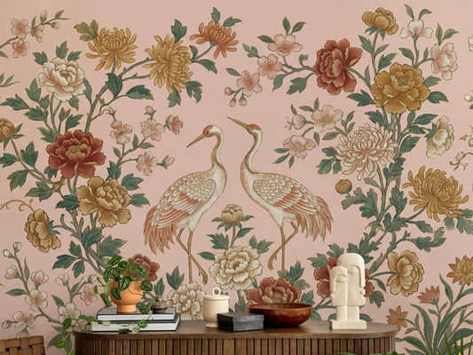 Cranes Wallpaper Floral Oriental Wall Mural