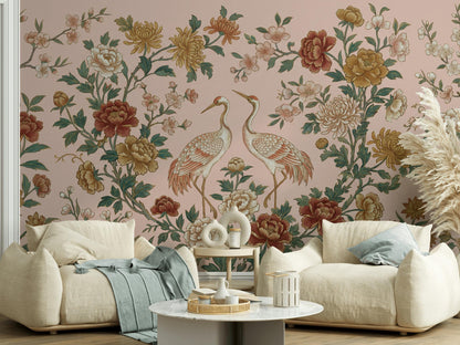 Cranes Wallpaper Floral Oriental Wall Mural