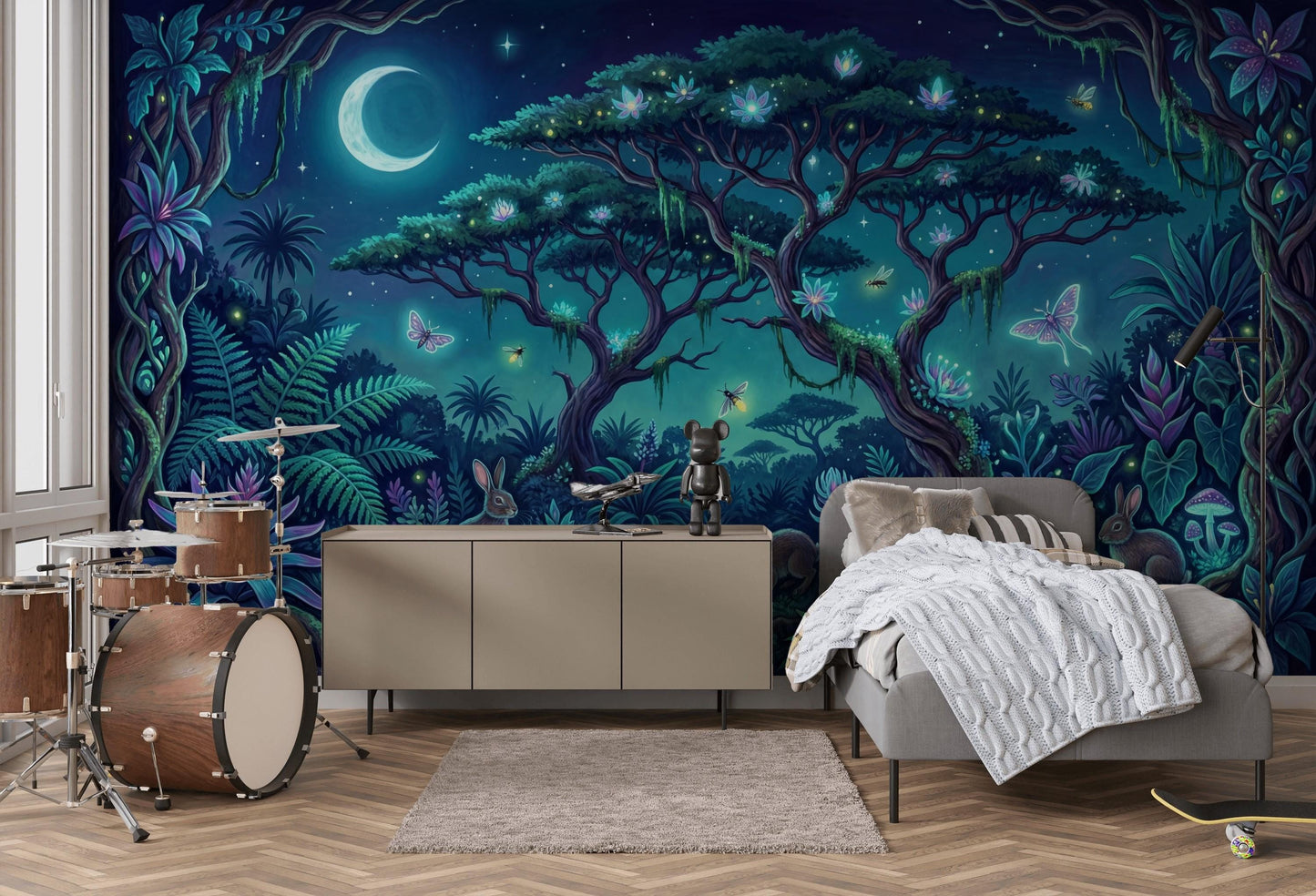 Moonlit Forest Wallpaper Enchanted Landscape Bioluminescent Wall Mural