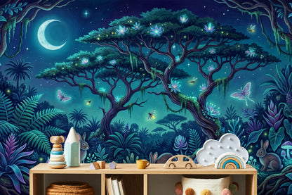 Moonlit Forest Wallpaper Enchanted Landscape Bioluminescent Wall Mural