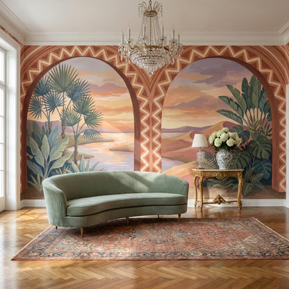 Desert Landscape Wallpaper Terracotta Arches Geometric Border Wall Mural