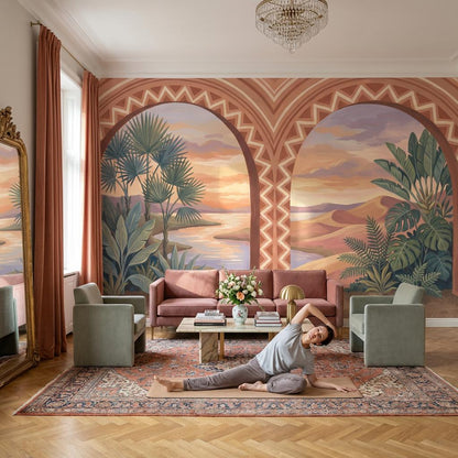 Desert Landscape Wallpaper Terracotta Arches Geometric Border Wall Mural