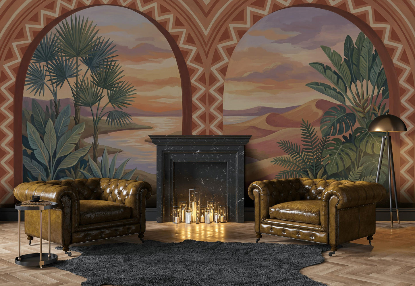 Desert Landscape Wallpaper Terracotta Arches Geometric Border Wall Mural