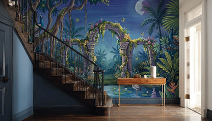 Moonlit Tropical Garden Wallpaper Peacocks Stone Arches Ruins Wall Mural