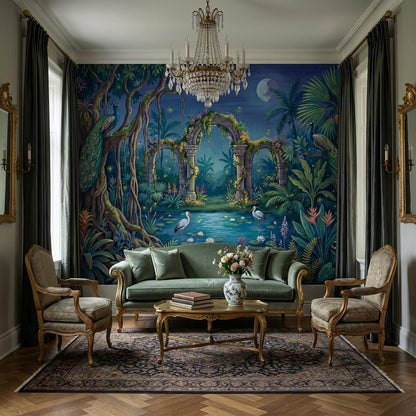 Moonlit Tropical Garden Wallpaper Peacocks Stone Arches Ruins Wall Mural