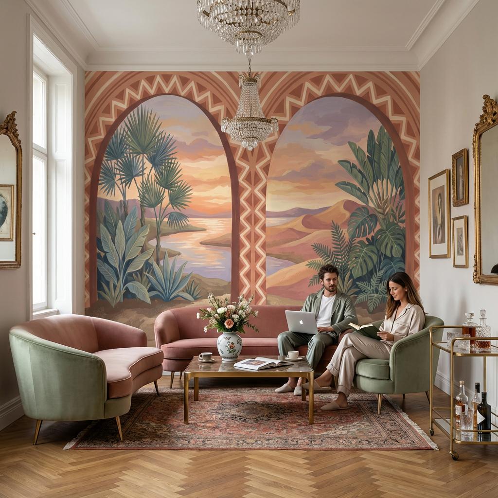 Desert Landscape Wallpaper Terracotta Arches Geometric Border Wall Mural