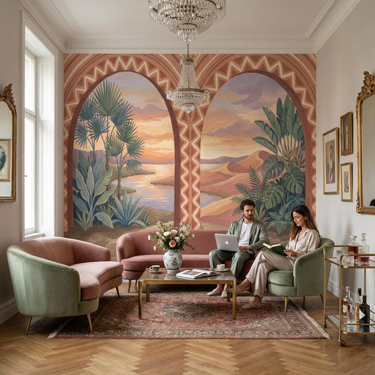 Desert Landscape Wallpaper Terracotta Arches Geometric Border Wall Mural