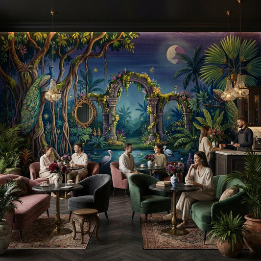 Moonlit Tropical Garden Wallpaper Peacocks Stone Arches Ruins Wall Mural