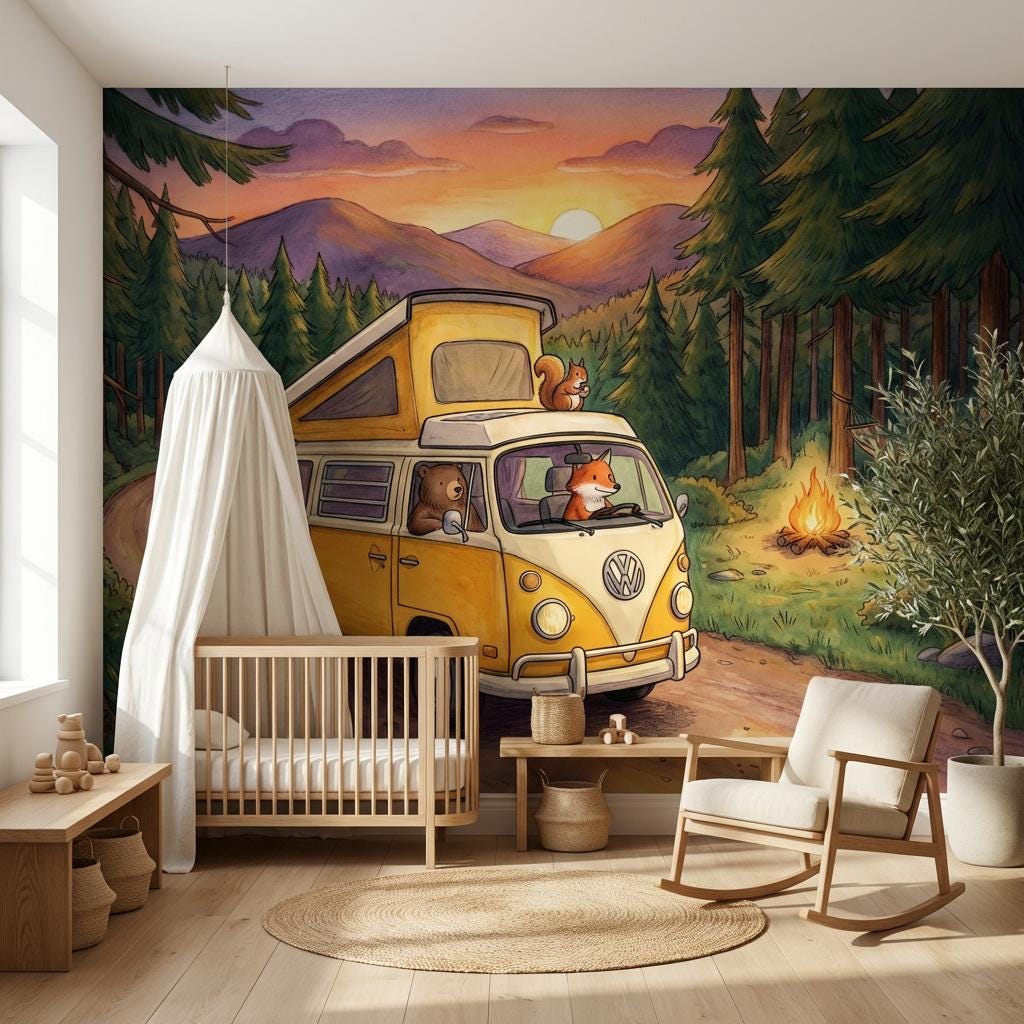 Forest Landscape Wallpaper Sunset Mountains Camping Wall Mural