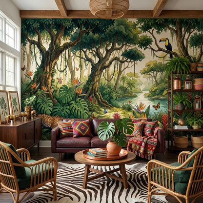 Tropical Rainforest Wallpaper Jaguar Toucan Wall Mural