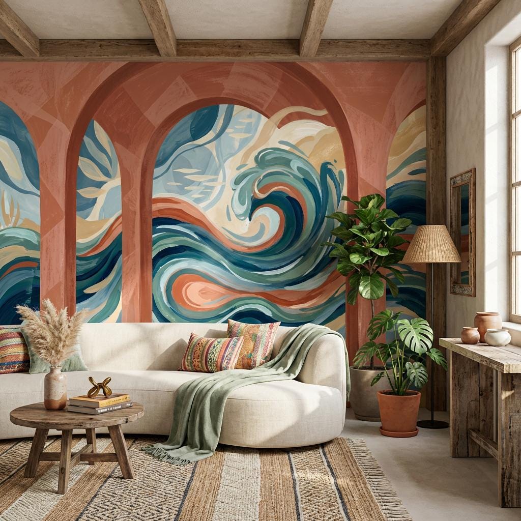 Abstract Seascape Wallpaper Ocean Waves Terracotta Arches Wall Mural
