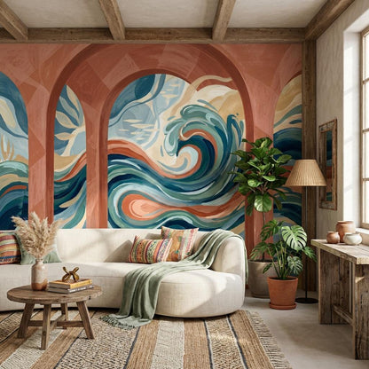 Abstract Seascape Wallpaper Ocean Waves Terracotta Arches Wall Mural