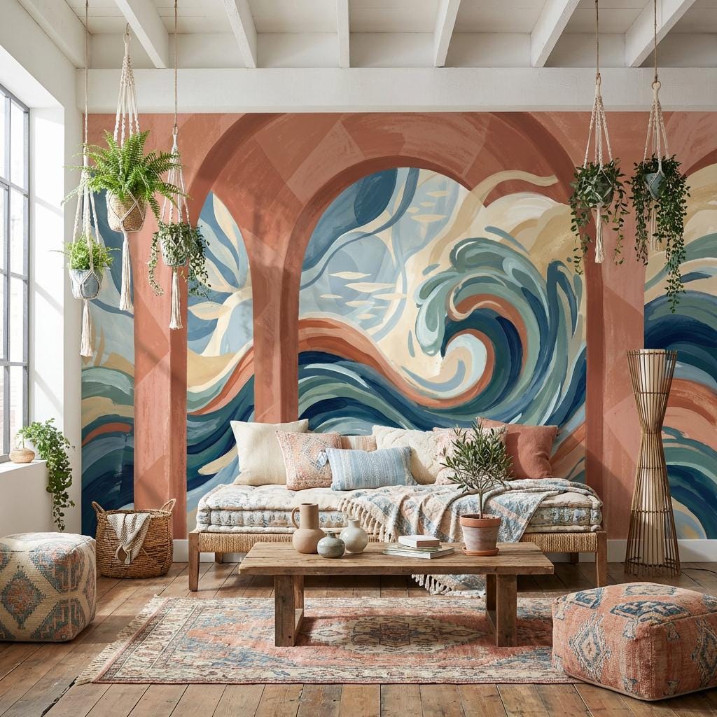 Abstract Seascape Wallpaper Ocean Waves Terracotta Arches Wall Mural