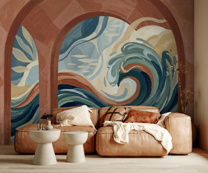 Abstract Seascape Wallpaper Ocean Waves Terracotta Arches Wall Mural