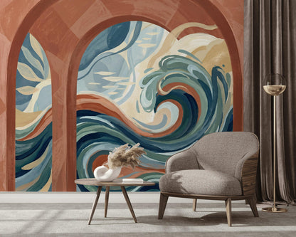 Abstract Seascape Wallpaper Ocean Waves Terracotta Arches Wall Mural