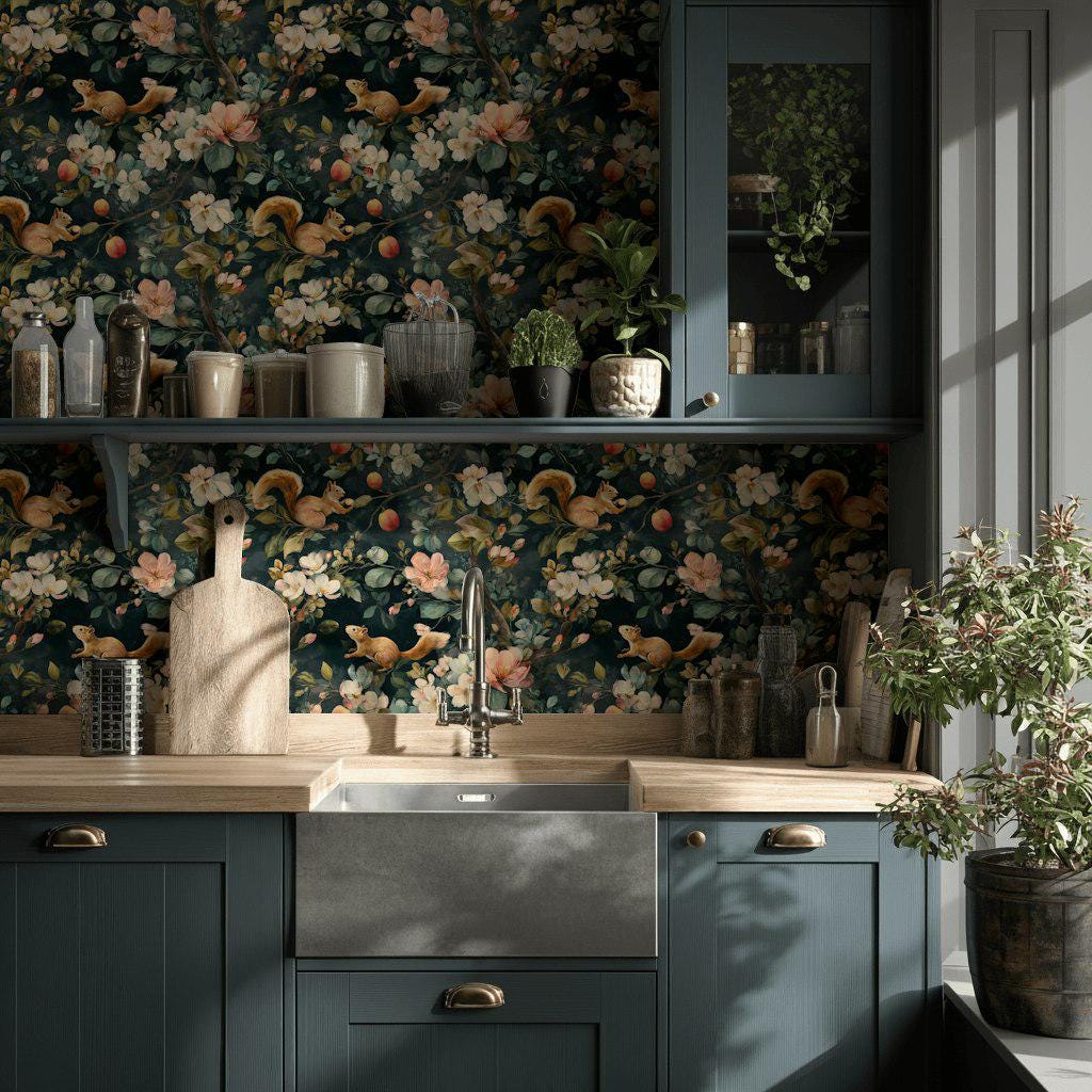 Floral Wallpaper Squirrels Classic Wall Mural