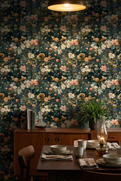 Floral Wallpaper Squirrels Classic Wall Mural