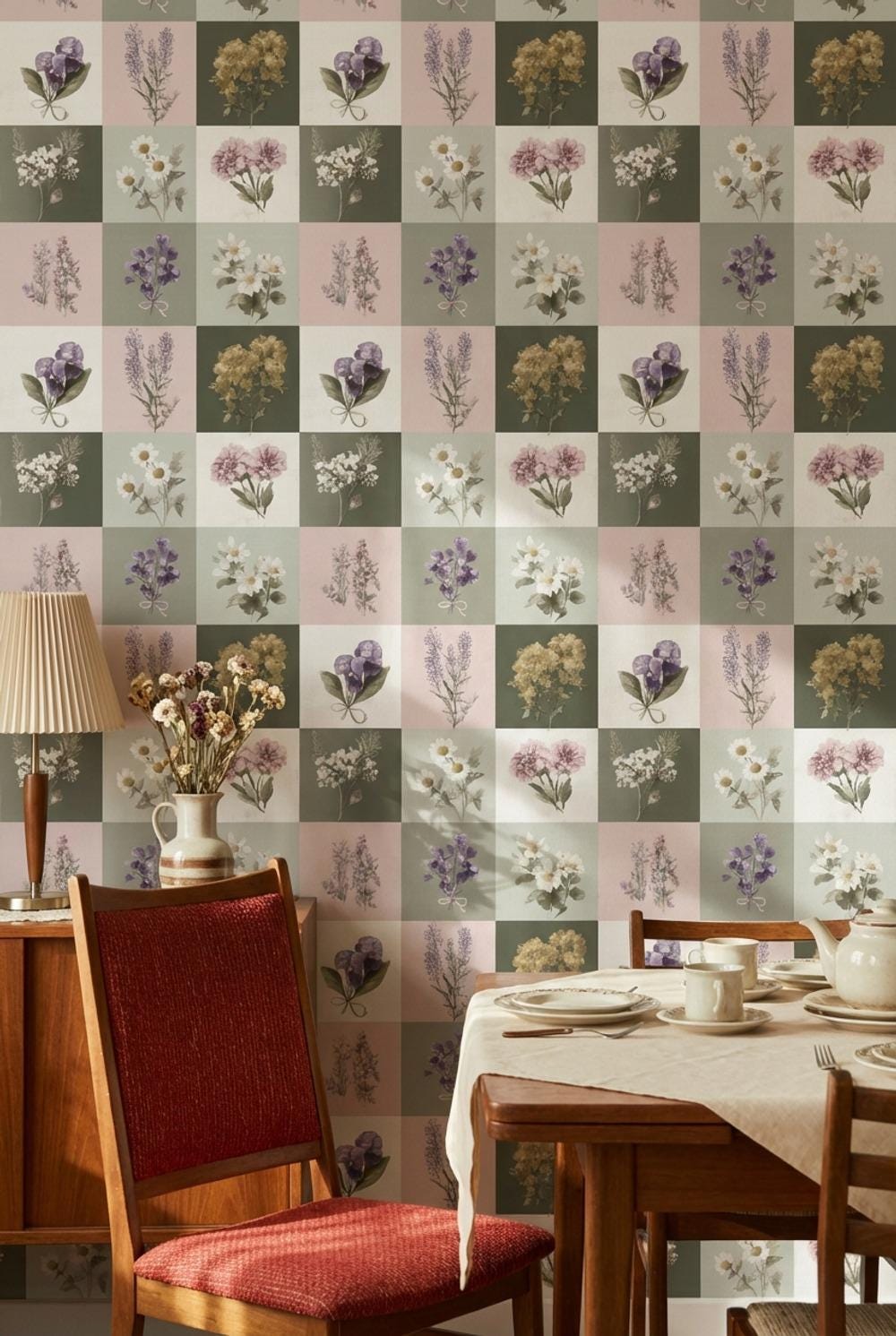 Floral Wallpaper Vintage Checkered Wall Mural