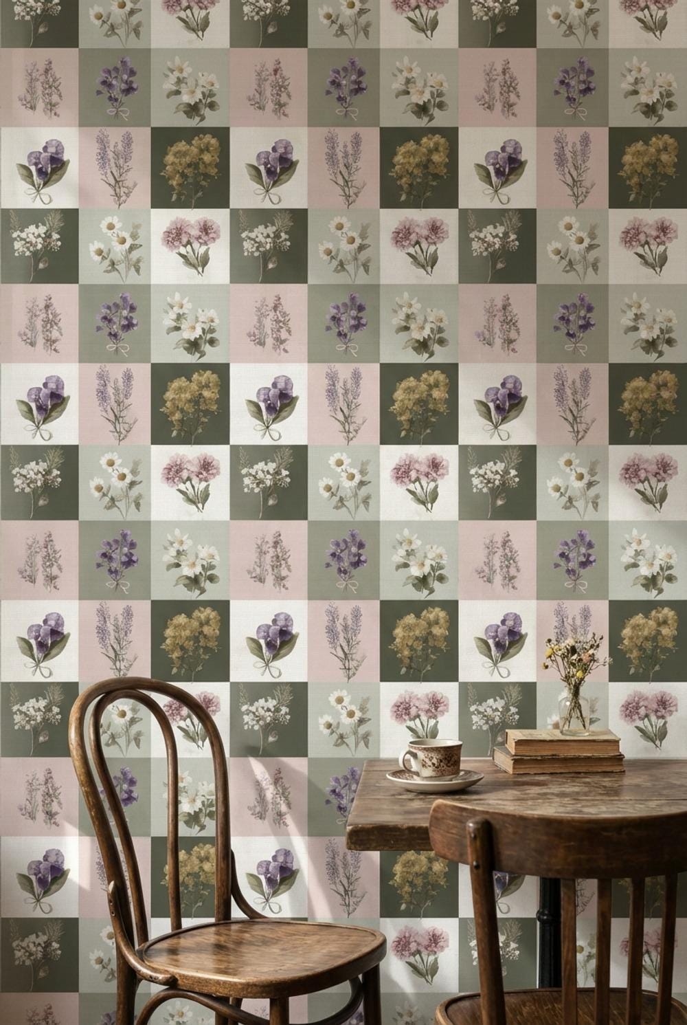 Floral Wallpaper Vintage Checkered Wall Mural