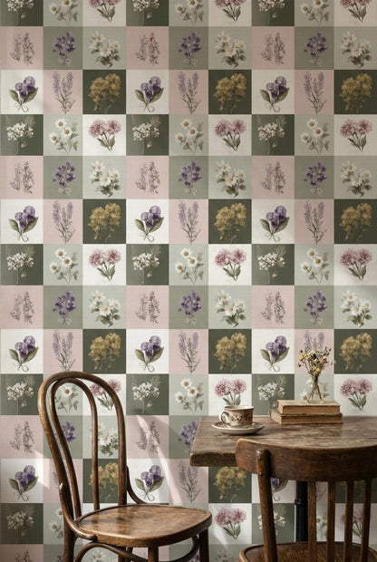 Floral Wallpaper Vintage Checkered Wall Mural