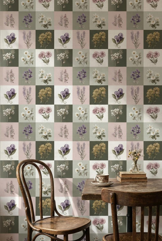 Floral Wallpaper Vintage Checkered Wall Mural