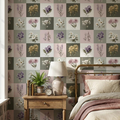 Floral Wallpaper Vintage Checkered Wall Mural