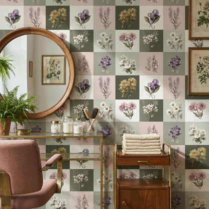 Floral Wallpaper Vintage Checkered Wall Mural
