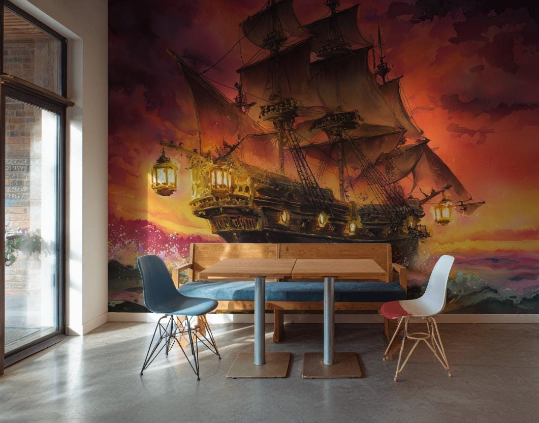 Ship Wallpaper Sunset Ocean Wall Mural