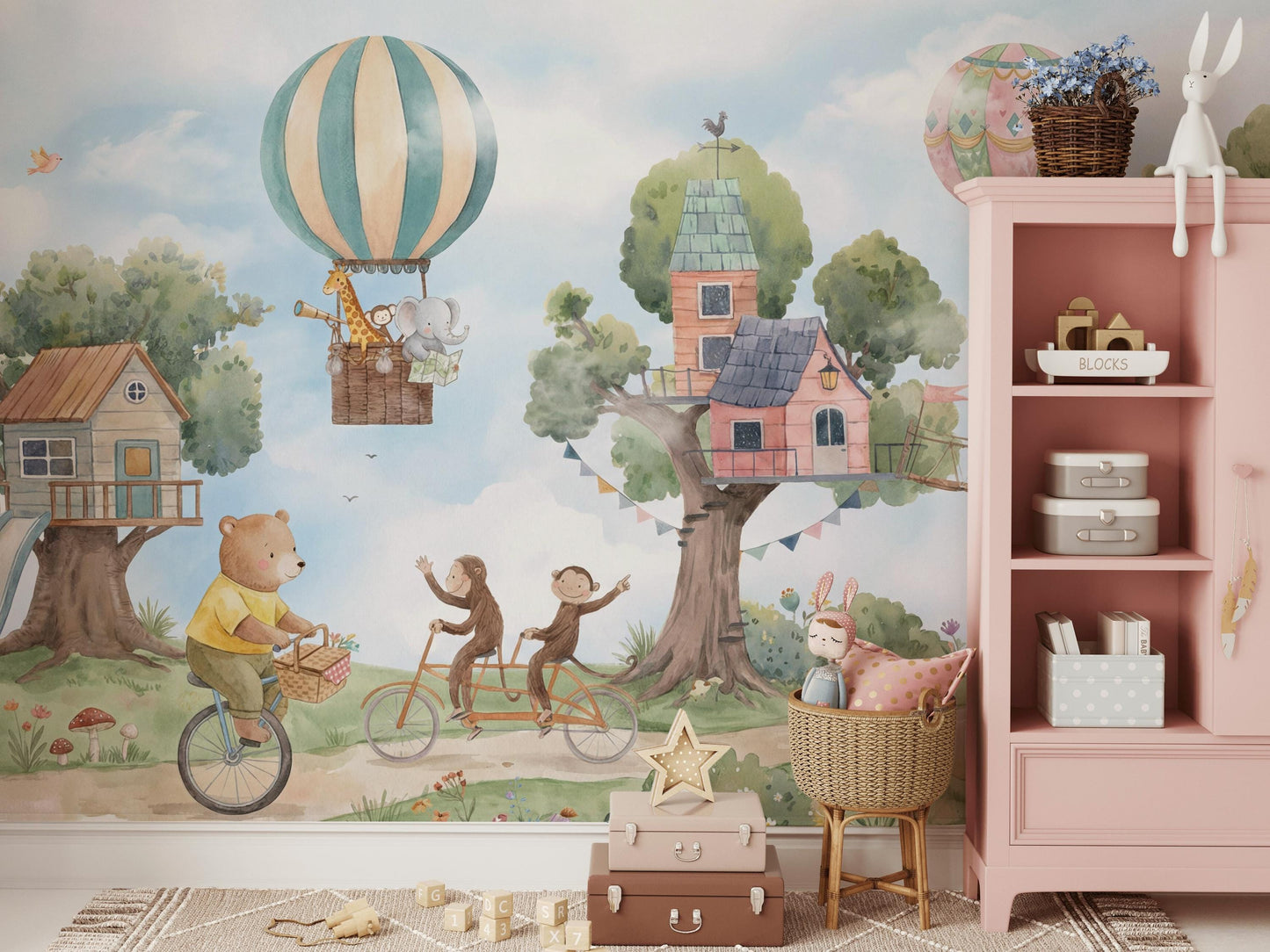 Hot Air Balloon Wallpaper Treehouse Animal Wall Mural