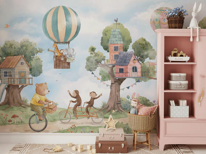 Hot Air Balloon Wallpaper Treehouse Animal Wall Mural