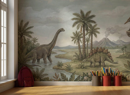 Dinosaurs Landscape Wallpaper Prehistoric Vintage Wall Mural