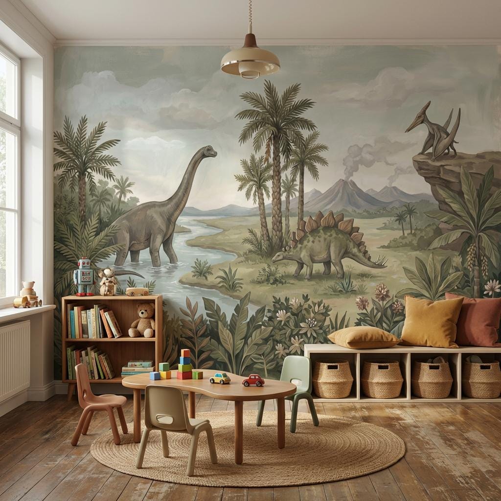 Dinosaurs Landscape Wallpaper Prehistoric Vintage Wall Mural