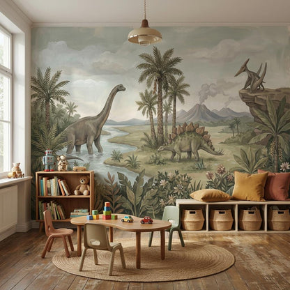 Dinosaurs Landscape Wallpaper Prehistoric Vintage Wall Mural