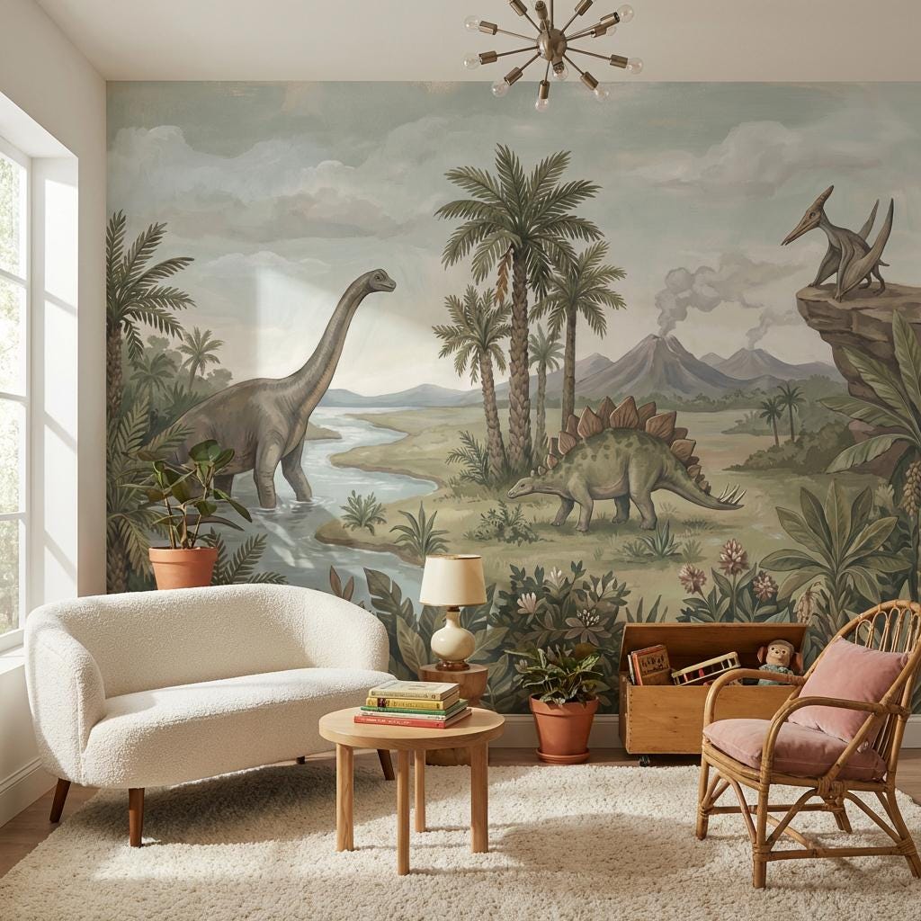 Dinosaurs Landscape Wallpaper Prehistoric Vintage Wall Mural