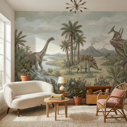 Dinosaurs Landscape Wallpaper Prehistoric Vintage Wall Mural