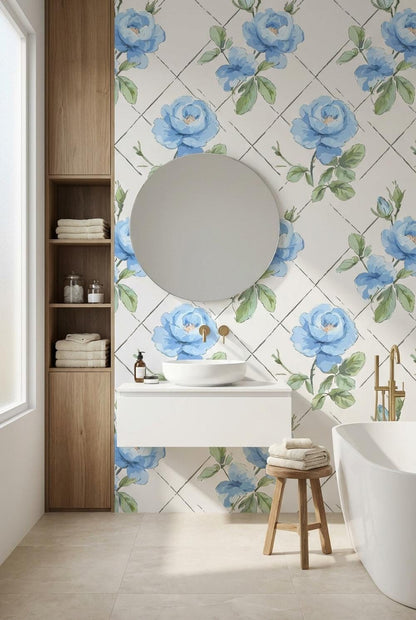 Blue Floral Peony Rose Wallpaper – Modern Interior Wall Mural