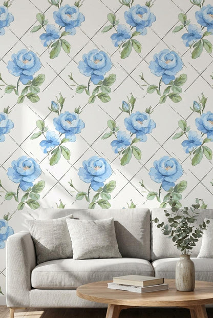 Blue Floral Peony Rose Wallpaper – Modern Interior Wall Mural