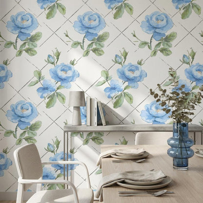 Blue Floral Peony Rose Wallpaper – Modern Interior Wall Mural