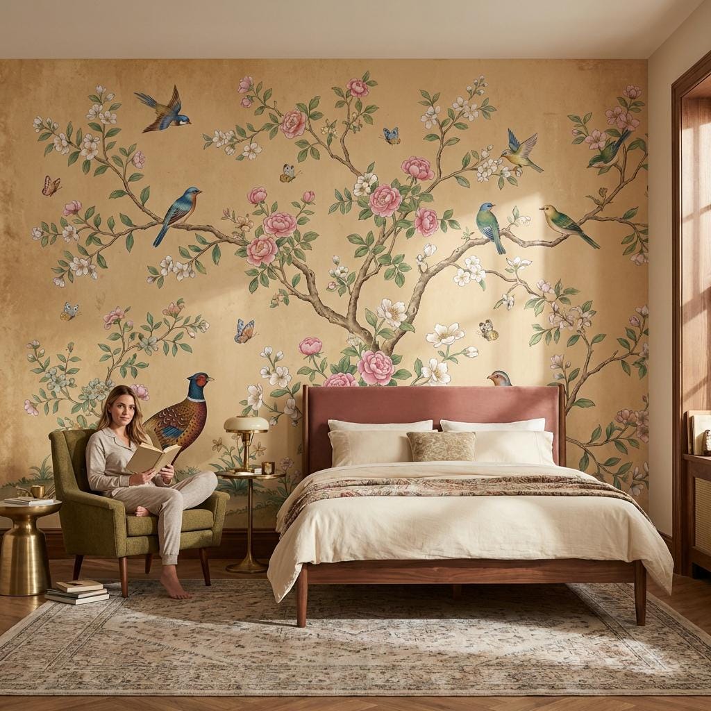 Muted Green Wallpaper Botanical Chinoiserie Wall Mural