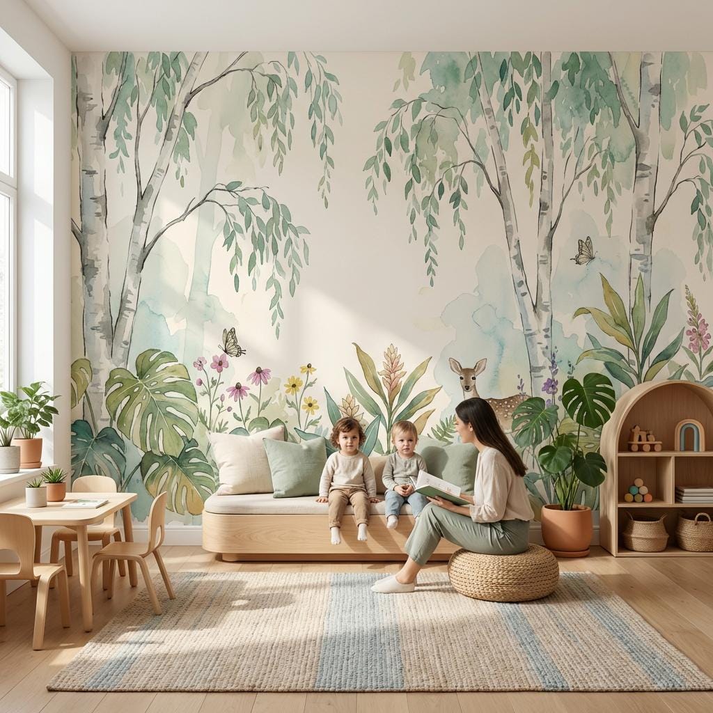 Woodland Wallpaper Watercolor Birch Trees Wall Mural