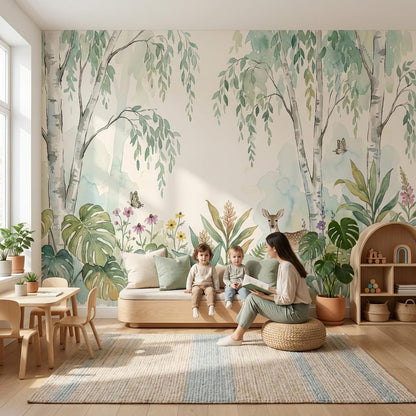 Woodland Wallpaper Watercolor Birch Trees Wall Mural