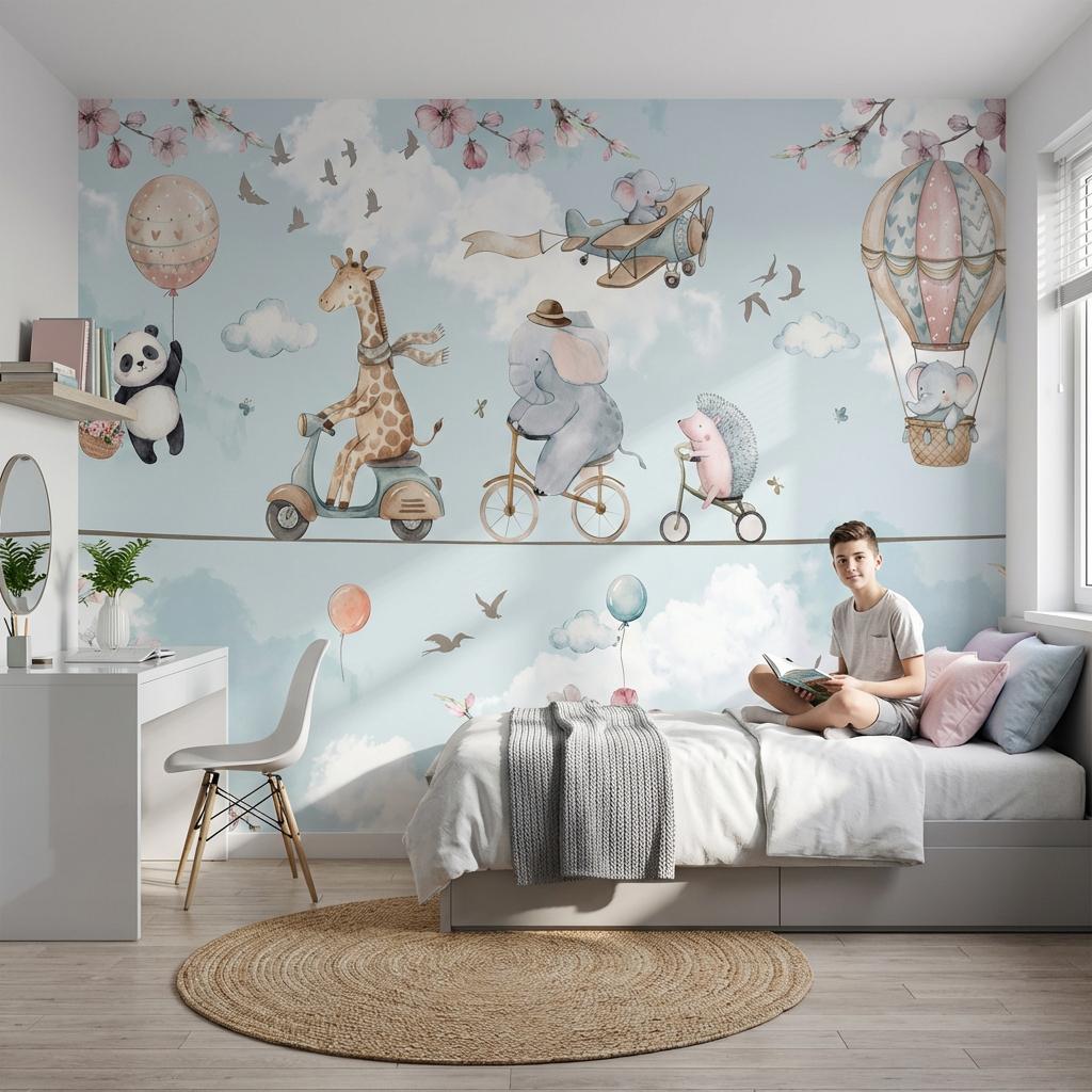Hot Air Balloon Wallpaper Panda Giraffe Wall Mural