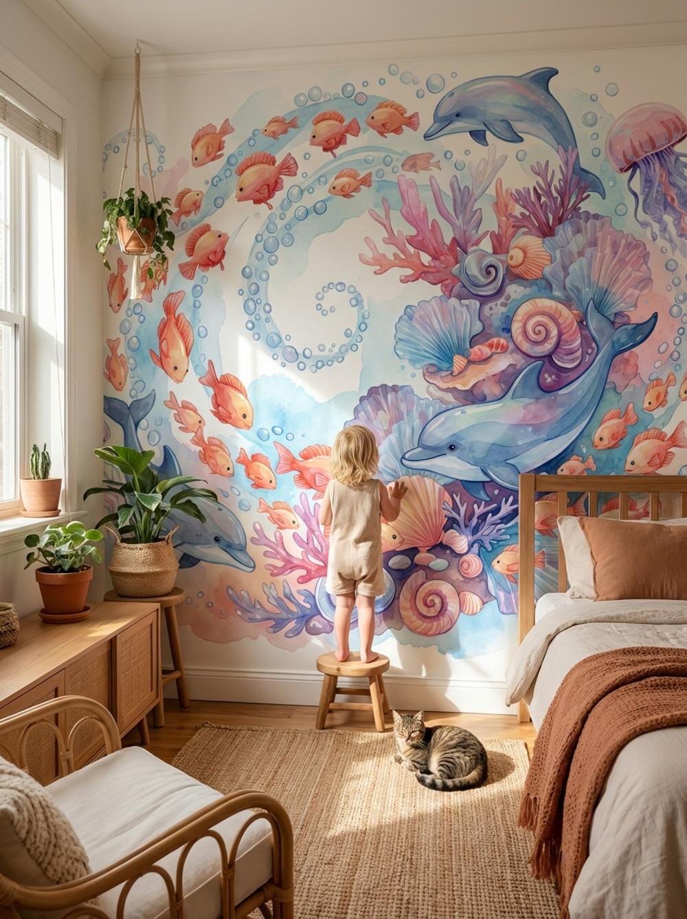 Underwater Wallpaper Dolphins Watercolor Wall Mural