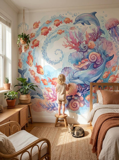Underwater Wallpaper Dolphins Watercolor Wall Mural