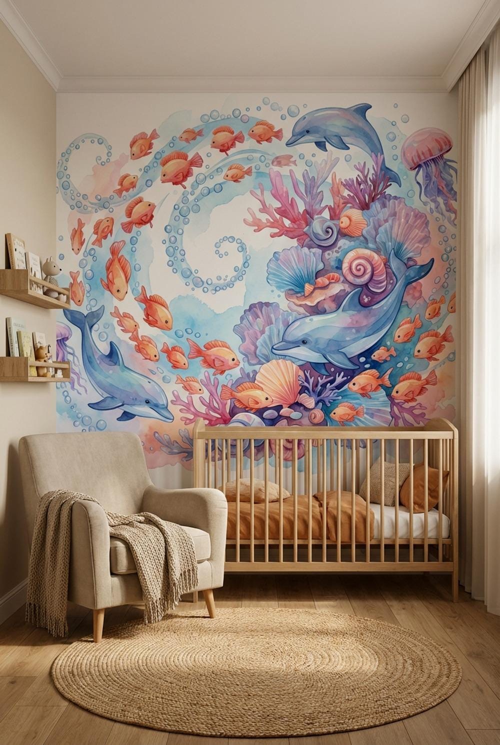 Underwater Wallpaper Dolphins Watercolor Wall Mural